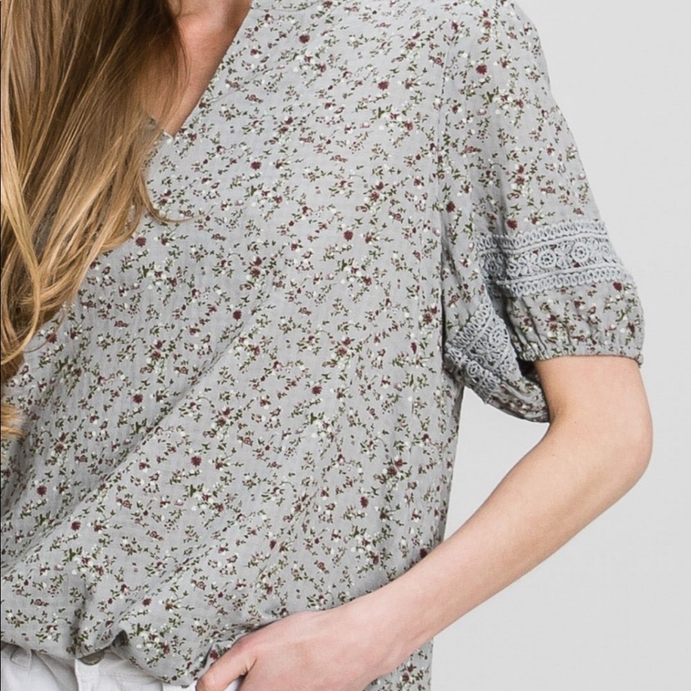 Dusty Blue Floral Top with Crochet Accents